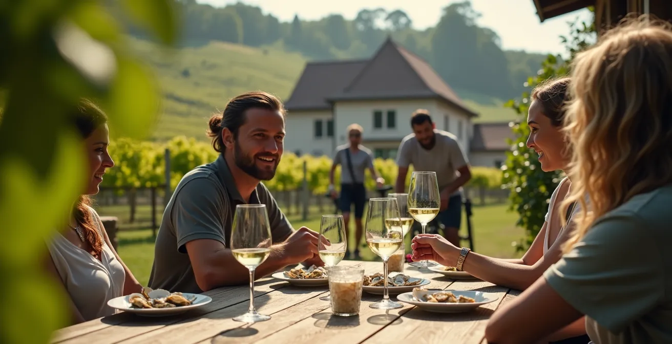Cyclists enjoying wine tasting at an oyster farm in Île de Ré vineyards