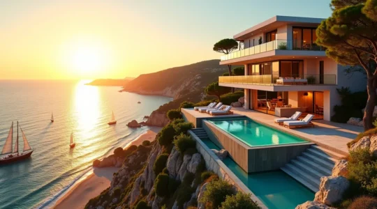 Luxury villa with private pool overlooking the stunning coastline of Île de Ré during sunset