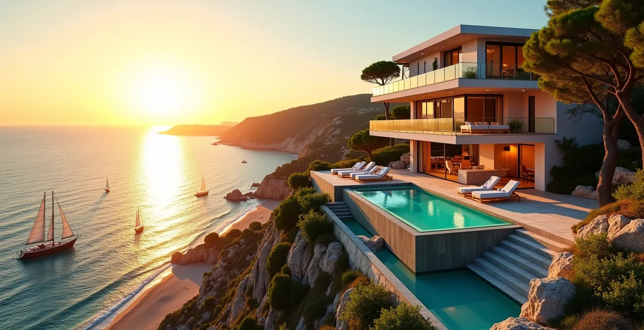 Luxury villa with private pool overlooking the stunning coastline of Île de Ré during sunset