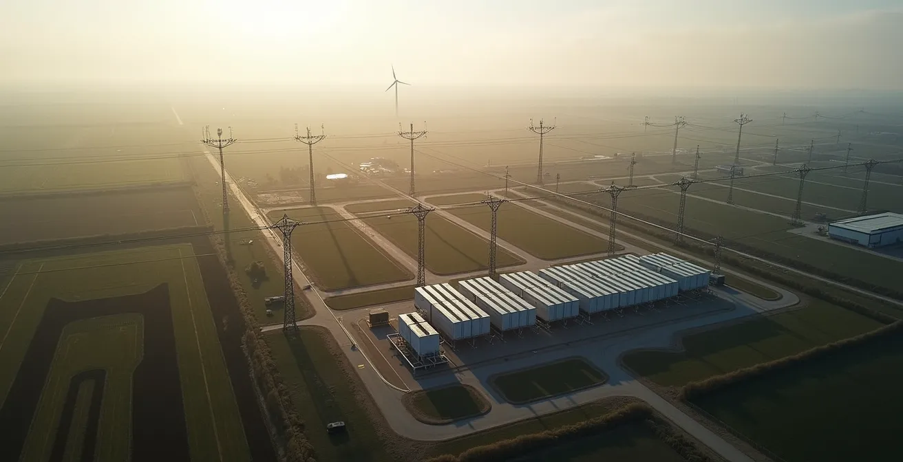Aerial view showing the transformation from centralized to distributed edge energy network architecture