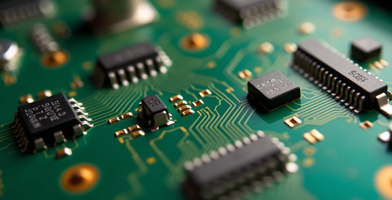 Extreme close-up of electronic circuit board components showing intricate pathways