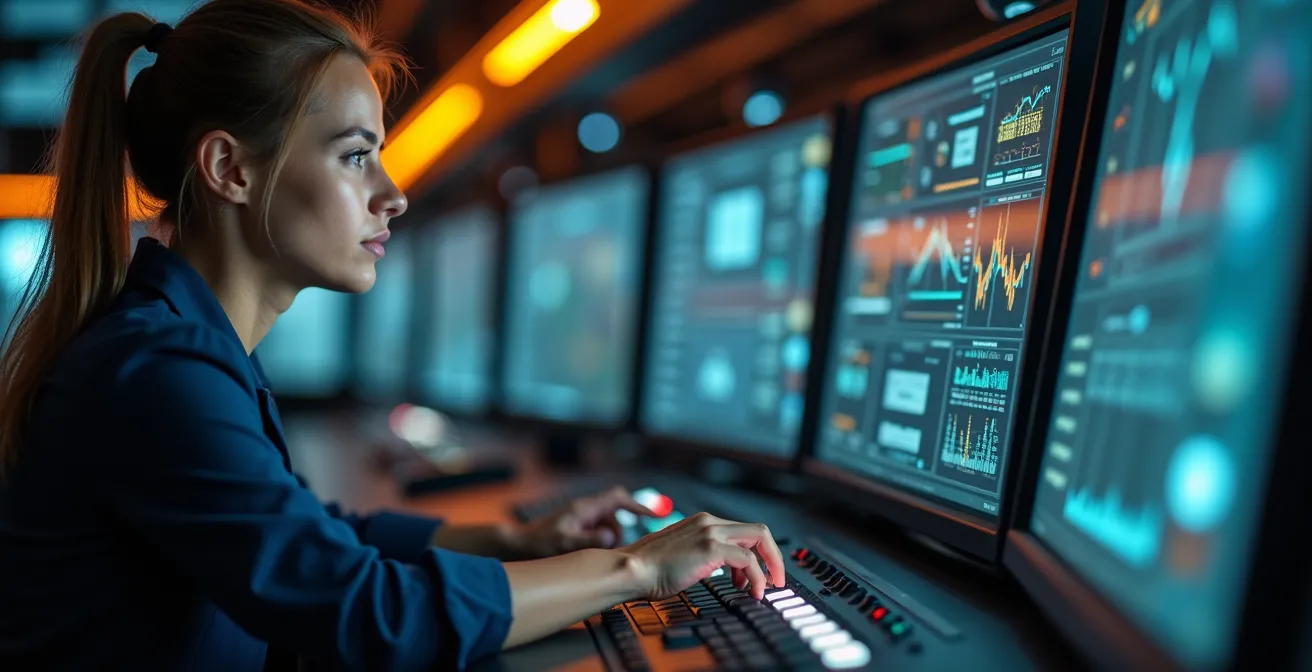 Engineer monitoring energy management system displays in control room