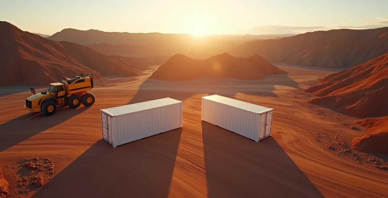 Aerial view of containerized battery systems at remote mining operation