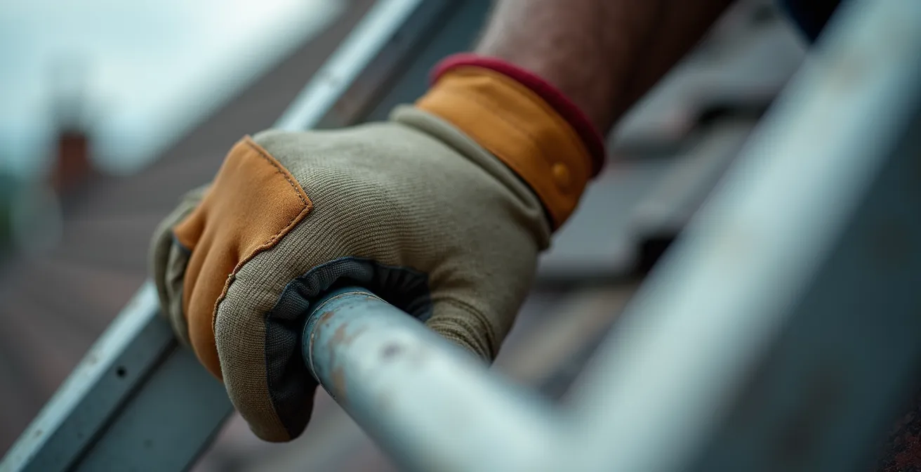 Close-up of weathered hands gripping ladder rung showing work fatigue