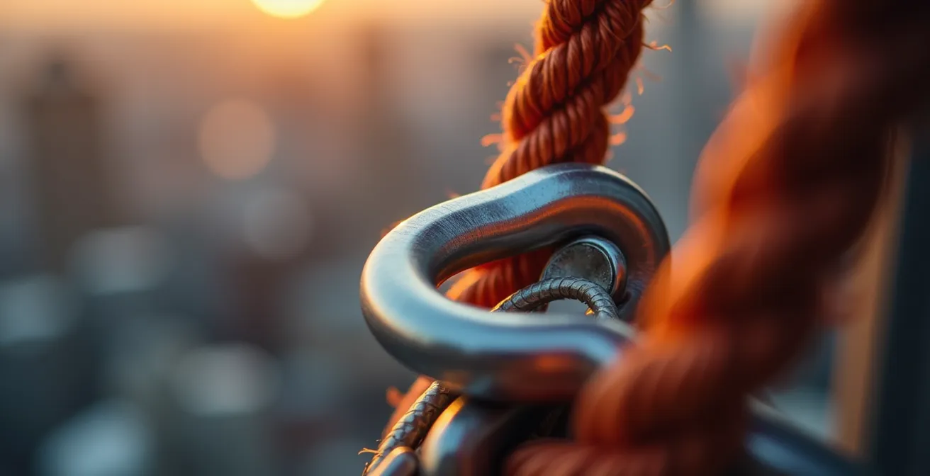 Extreme close-up of safety carabiner and rope texture showing quality equipment