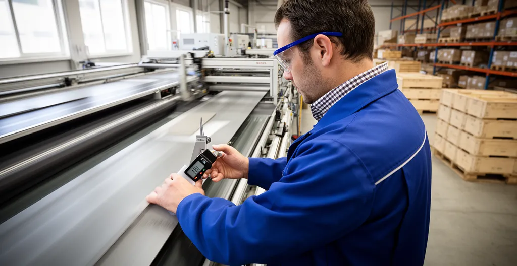 UK quality inspector using handheld gauge to check panel surface finish on conveyor