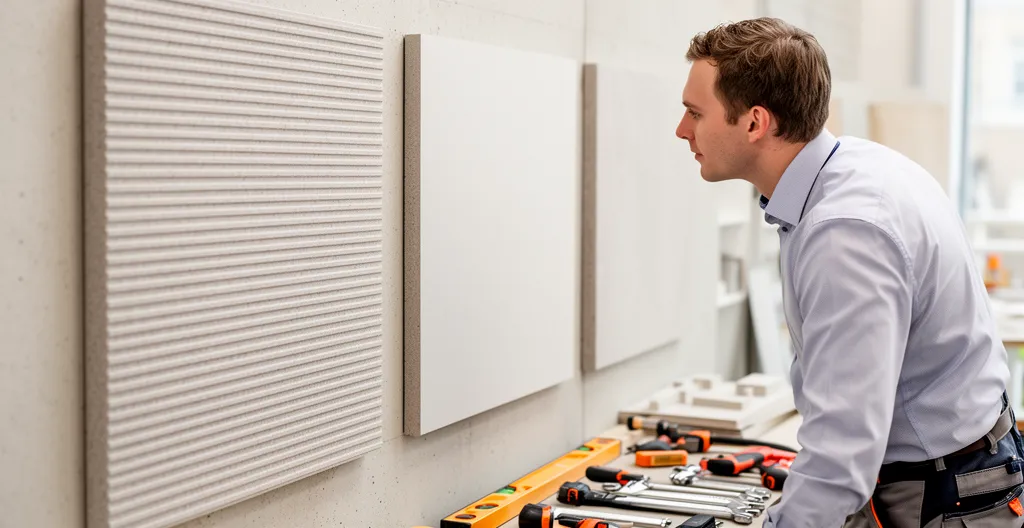 UK project specifier comparing two composite wall panels on mock-up wall