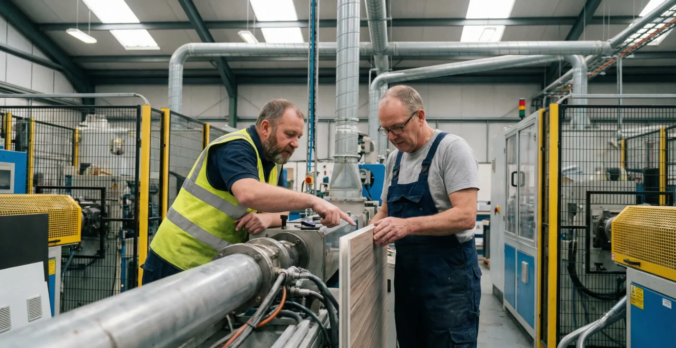 Two UK technicians inspecting composite wall panel extrusion line in modern factory