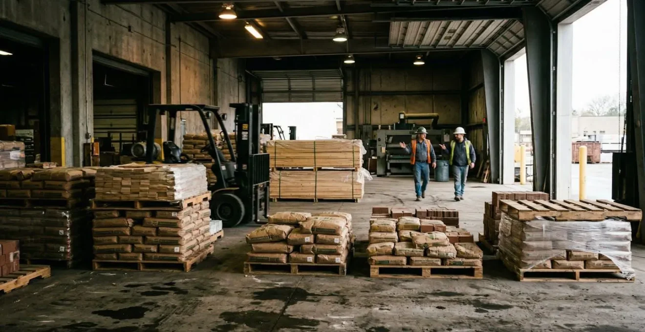 Stacked pallets of building materials in a factory loading area with a forklift partially visible and workers moving in the background
