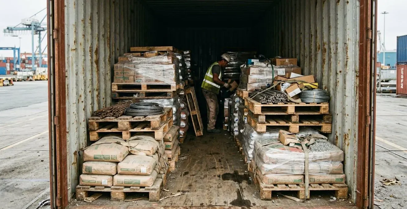 Interior of an open shipping container showing pallets of different building material products stacked at varying heights