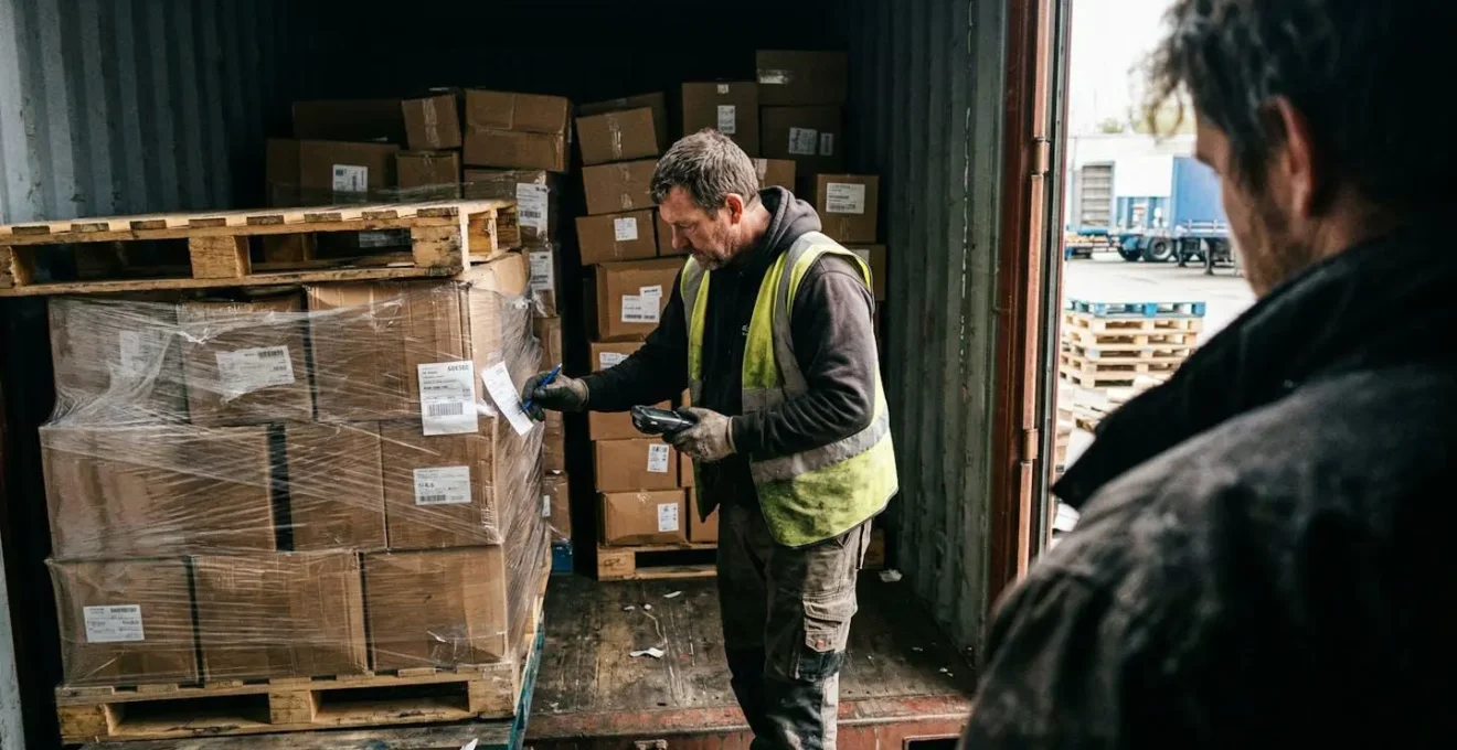 Warehouse worker with clipboard checking stacked product pallets inside an open shipping container with natural daylight streaming in
