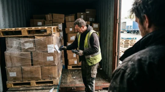 Warehouse worker with clipboard checking stacked product pallets inside an open shipping container with natural daylight streaming in
