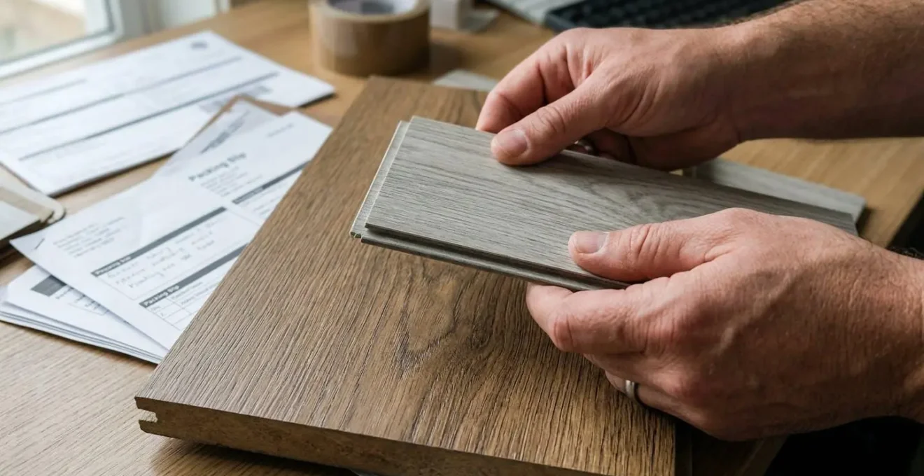 Hands arranging WPC panel and SPC flooring samples on an office desk with shipping documents visible nearby
