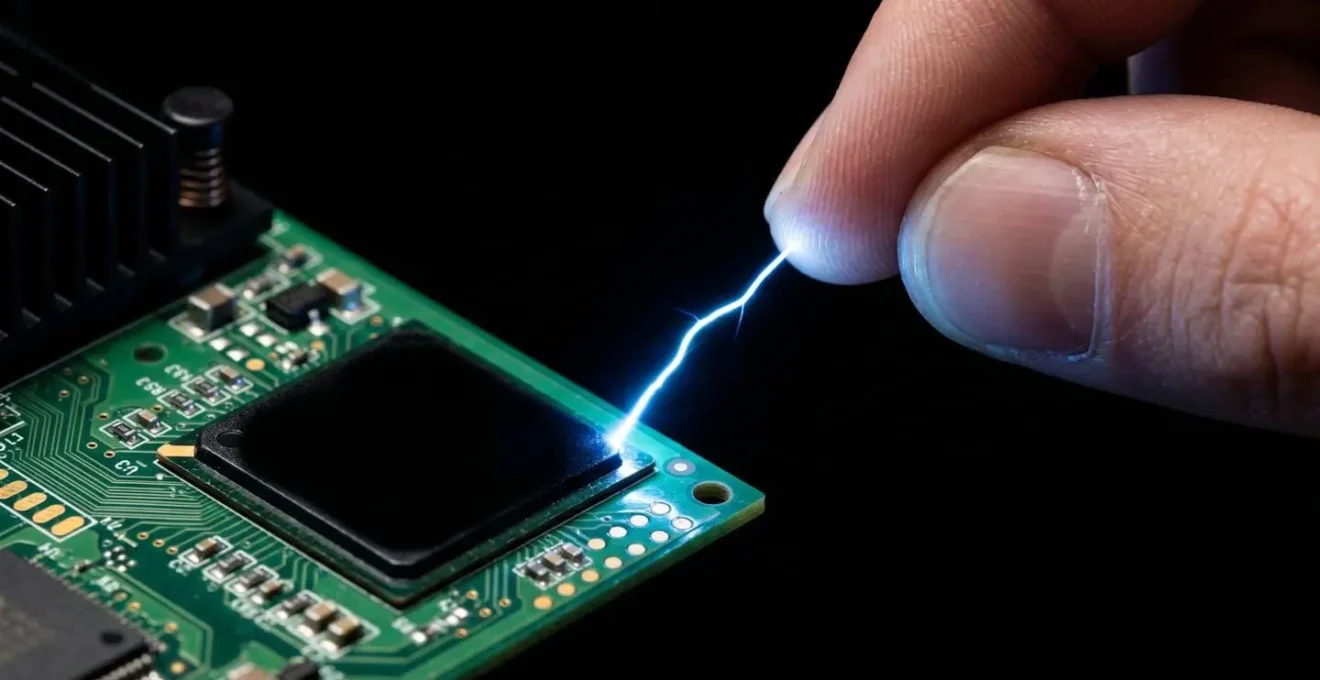 Macro photography of an electrostatic discharge striking an electronic chip on a green circuit board.