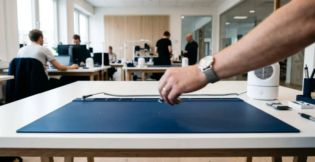Documentary photograph of an ESD workstation with blue antistatic mat, wrist strap, and tabletop ionizer.