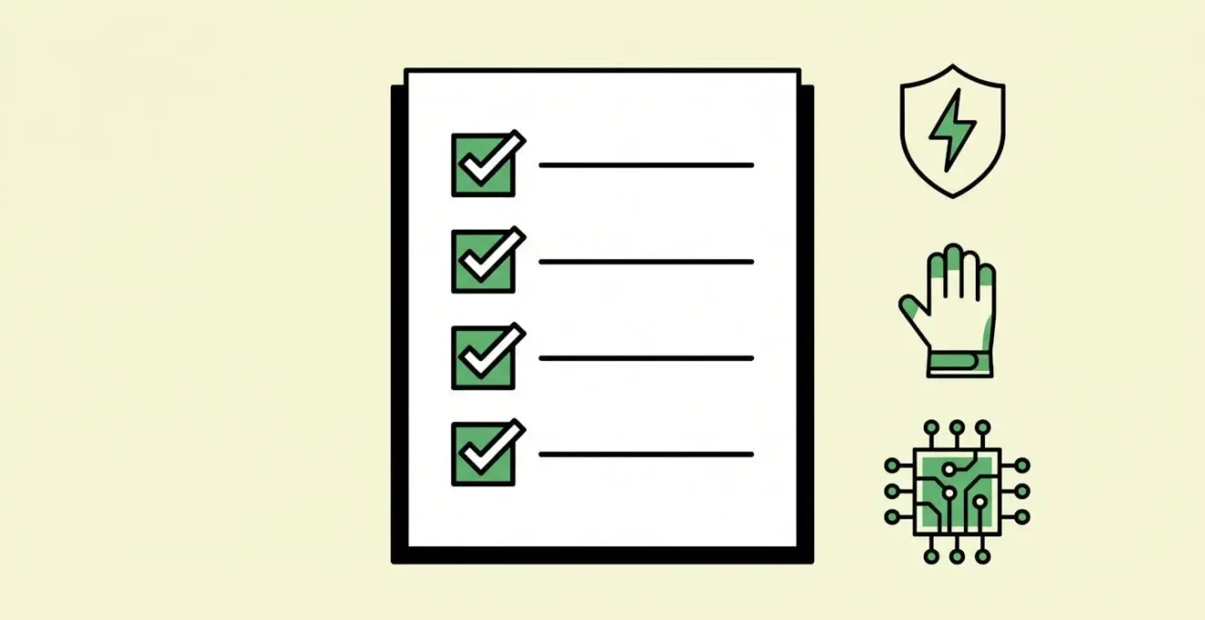 Flat illustration of an ESD checklist with symbolic icons for shield, glove, and component.