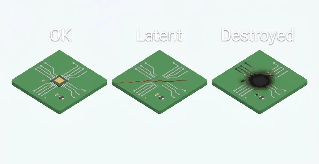Three circuit boards side by side in 3D illustration: intact, with latent failure, and destroyed by ESD.